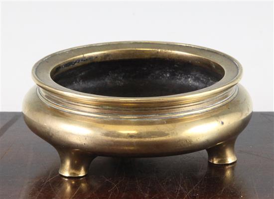 A Chinese bronze ding censer, Xuande four character mark, probably 17th / 18th century, 13.3cm